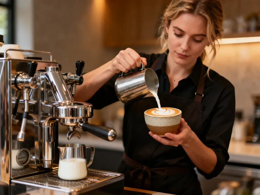 Baristka wlewa spienione mleko do filiżanki, tworząc latte art przy użyciu profesjonalnego ekspresu ciśnieniowego.
