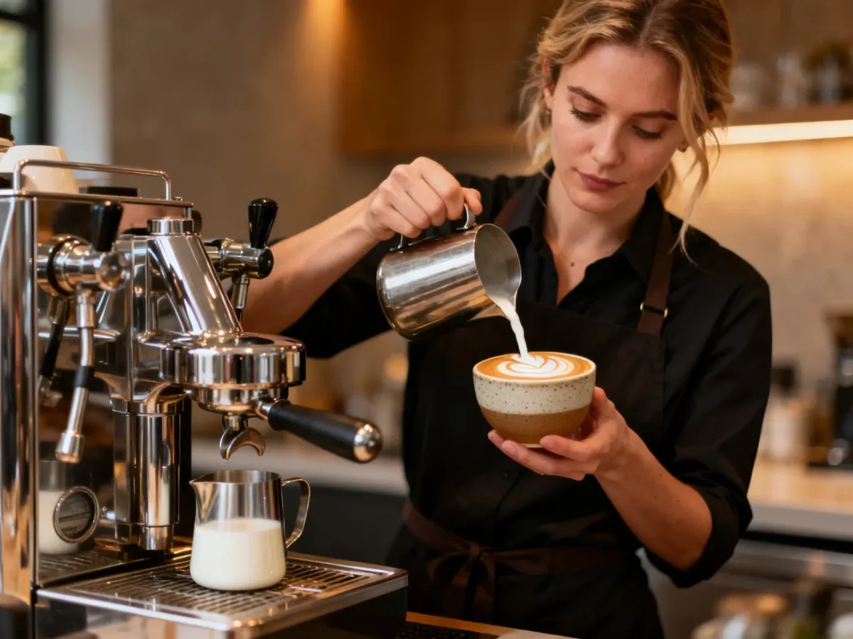Baristka wlewa spienione mleko do filiżanki, tworząc latte art przy użyciu profesjonalnego ekspresu ciśnieniowego.