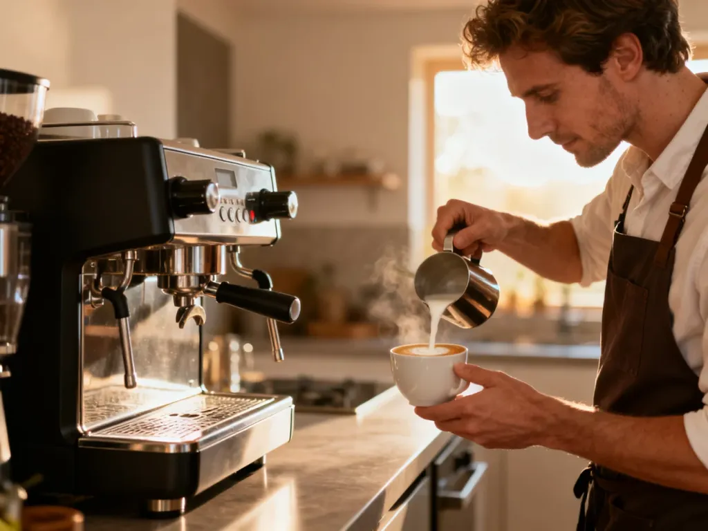 Barista nalewający spienione mleko do filiżanki kawy przy nowoczesnym ekspresie ciśnieniowym w przytulnej kuchni.