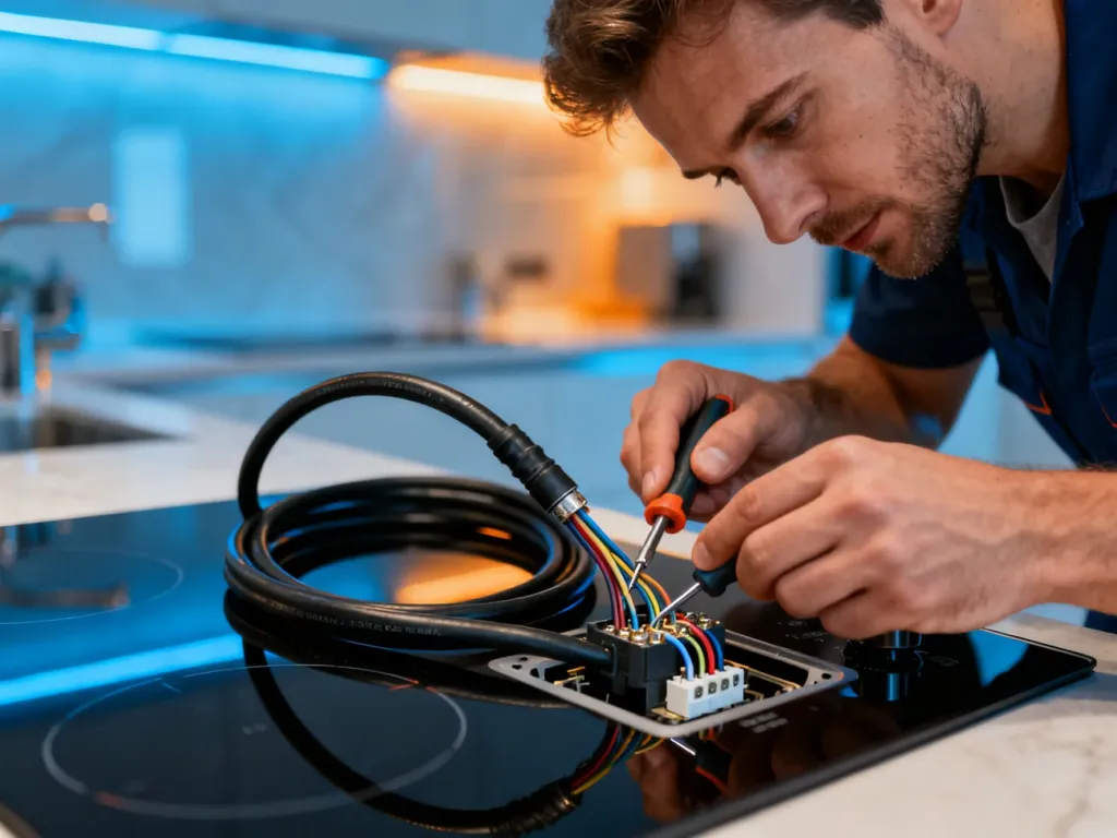 Elektryk podłącza przewody zasilające do płyty indukcyjnej w nowoczesnej kuchni.