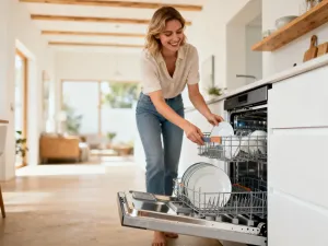 Kobieta układająca świeże warzywa i owoce w nowoczesnej lodówce typu side-by-side w minimalistycznej kuchni.