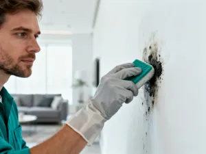 Kobieta wyciera lśniącą, ceramiczną podłogę w nowoczesnej kuchni, podkreślając efekt czystości i połysku płytek.