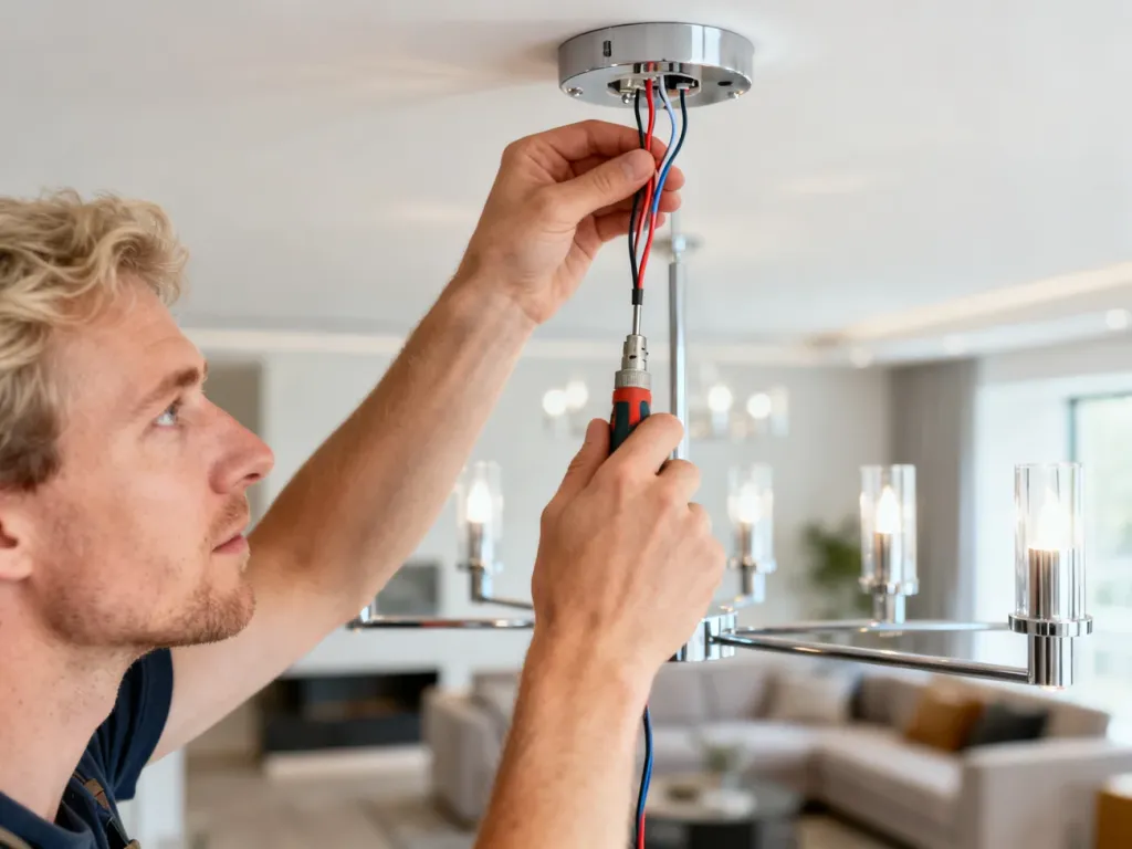 Dłonie osoby podłączającej nowoczesny żyrandol do przewodów elektrycznych w suficie za pomocą śrubokręta.
