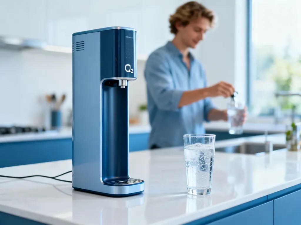 Srebrny nabój z gazem CO2 do saturatora SodaStream na kuchennym blacie, w tle osoba przygotowująca wodę gazowaną.