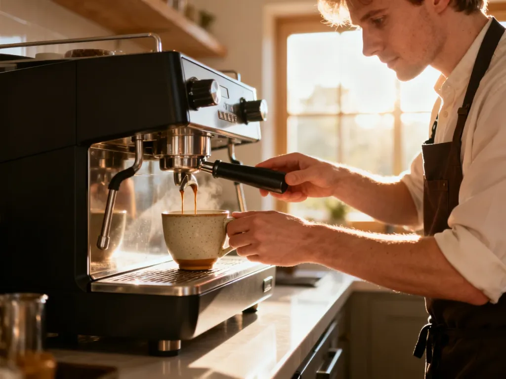 Barista nalewa świeże espresso z nowoczesnego ekspresu Krups do ceramicznej filiżanki w przytulnej kuchni.