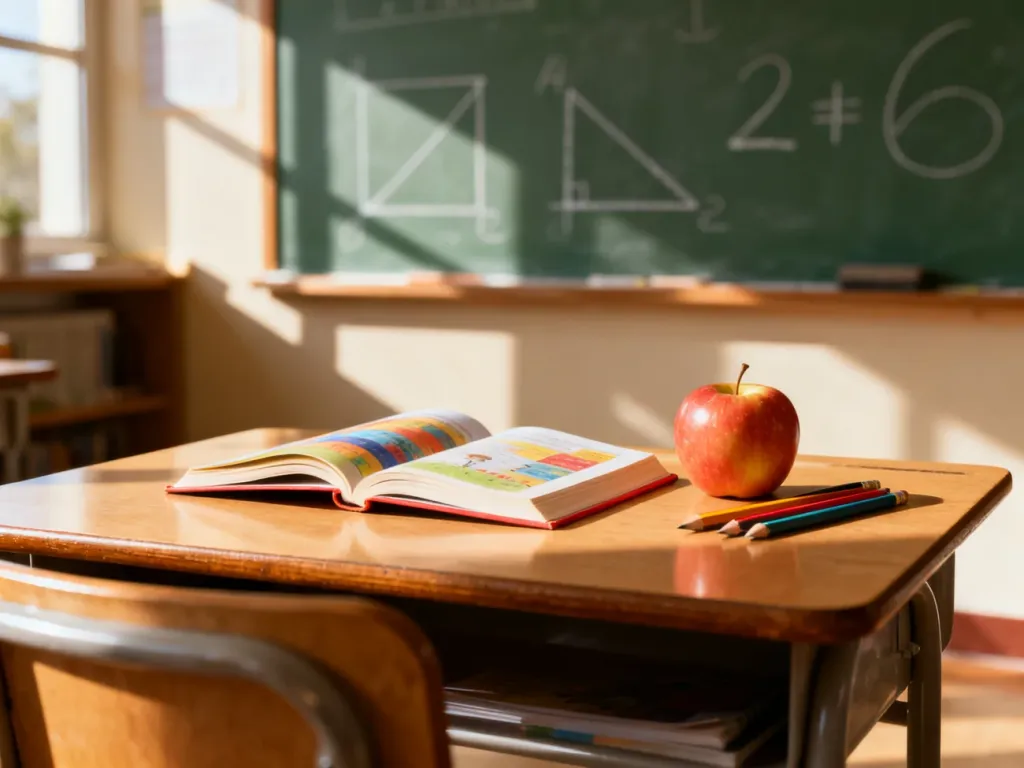 Drewniana ławka szkolna z podręcznikiem, ołówkami i jabłkiem w słonecznej klasie, symbolizująca początek edukacji.