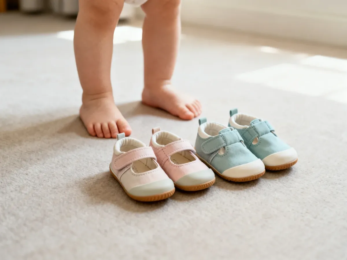 Lekkie elastyczne buty dla dziecka obok bawiącego się boso malucha