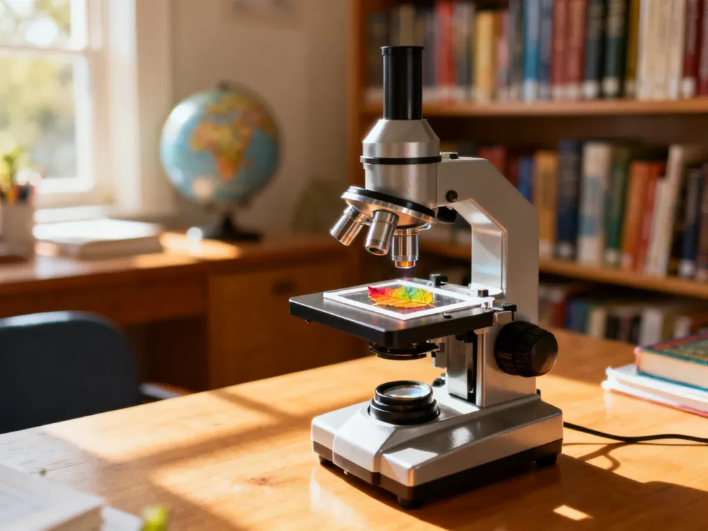 Edukacyjny mikroskop z preparatem liścia na drewnianym biurku w przytulnym gabinecie, zachęcający dzieci do nauki biologii.