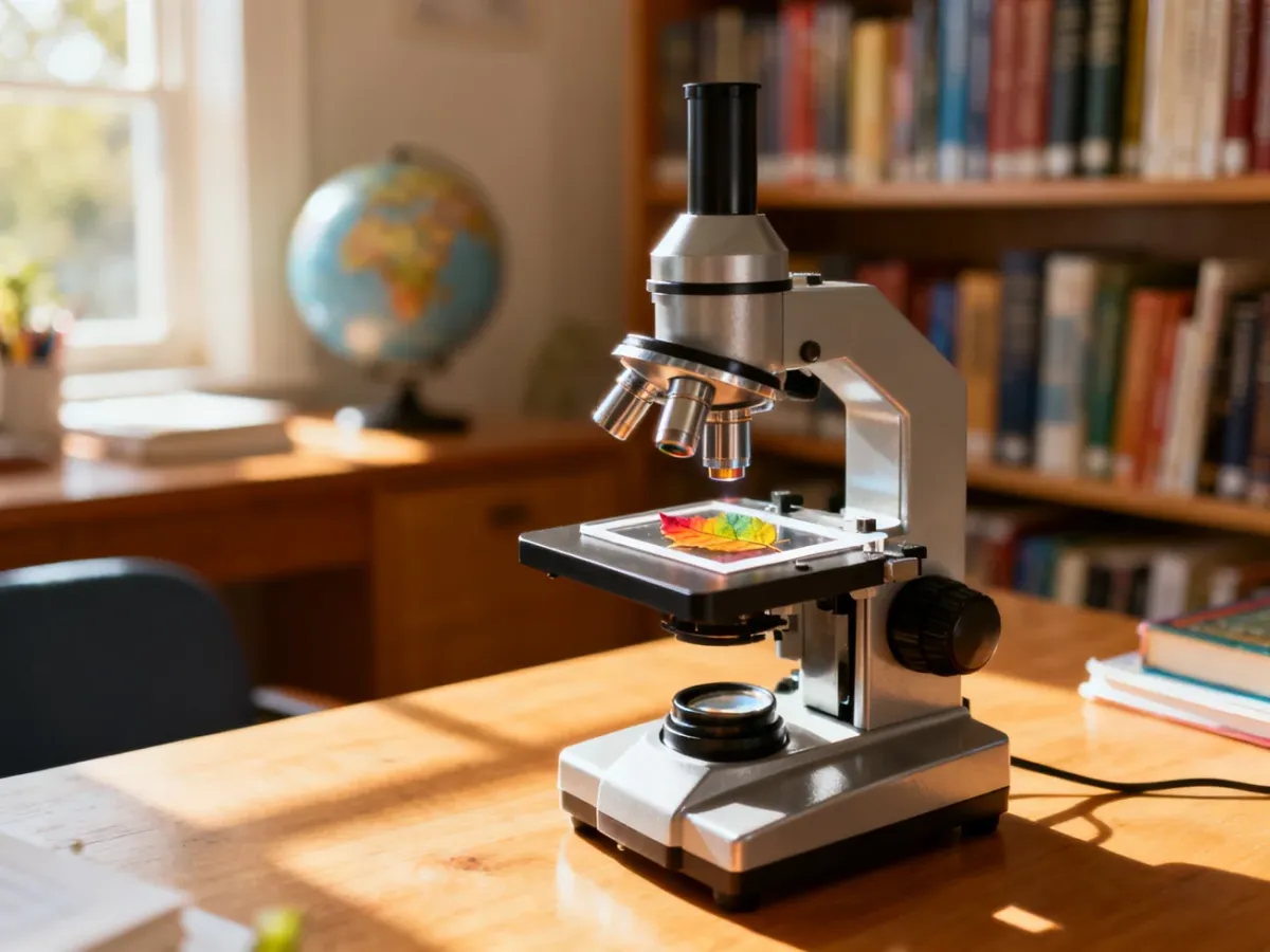 Edukacyjny mikroskop z preparatem liścia na drewnianym biurku w przytulnym gabinecie, zachęcający dzieci do nauki biologii.