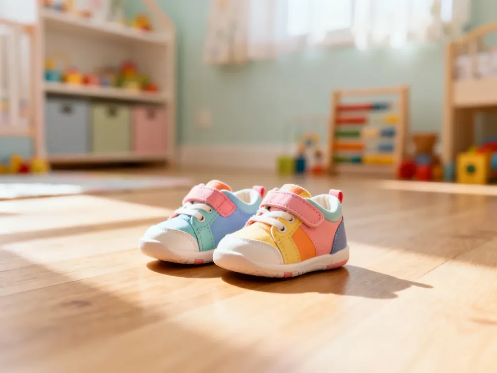 Kolorowe buty dziecięce na drewnianej podłodze w przytulnym pokoju dziecięcym.