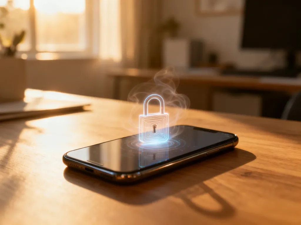 Smartfon na drewnianym biurku z ikoną cyfrowej kłódki, która zostaje odblokowana w świetle zachodzącego słońca.