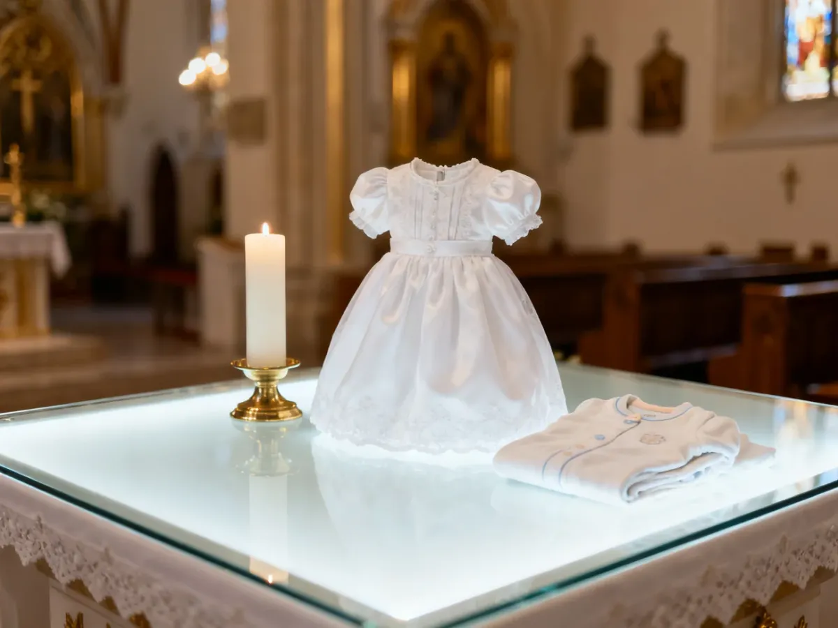 Biała szata, świeca chrzcielna i ubranko przygotowane do ceremonii