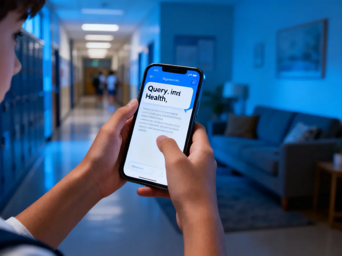 Dłonie nastolatka trzymające smartfon z wyszukiwarką informacji o zdrowiu, symbolizujące poszukiwanie wiedzy o e-papierosach.